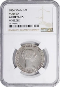 SPAIN ISABEL II 1854 10 REALES SILVER COIN, NGC CERTIFIED "AU DETAILS" - Picture 1 of 2