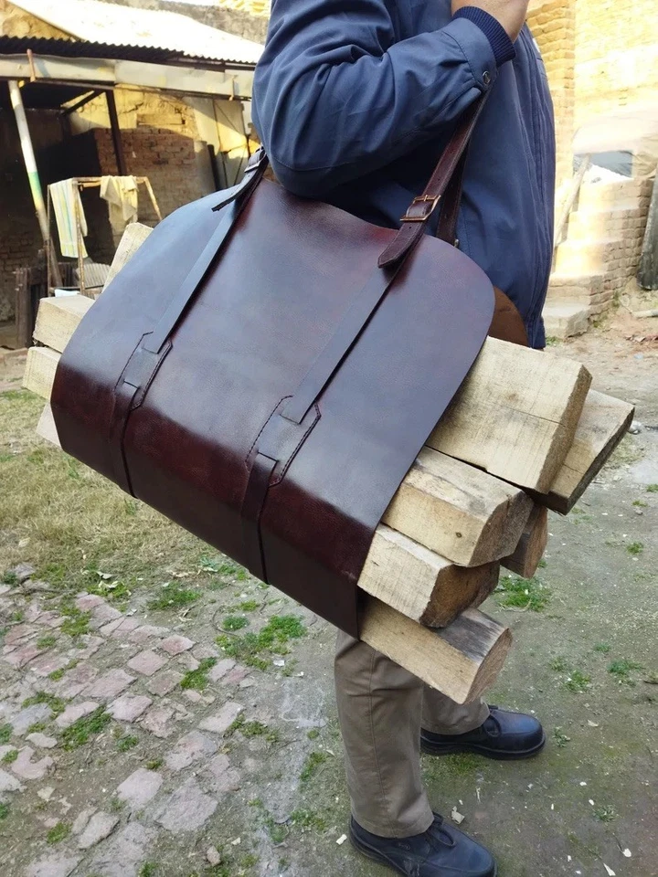 Portador de troncos de cuero, portador de leña, accesorio de chimenea de cuero, hecho a mano Foto 1 de 4