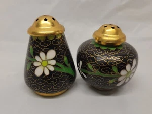 Vintage chinese Cloisonne Salt And  Pepper Shaker black enamel and gold #5141 - Picture 1 of 10