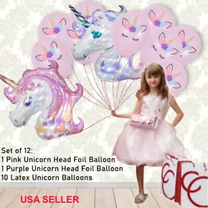 12pc UNICORN SET: LASER PINK PURPLE +10 LATEX BALLOONS Birthday Party Supplies - Picture 1 of 8