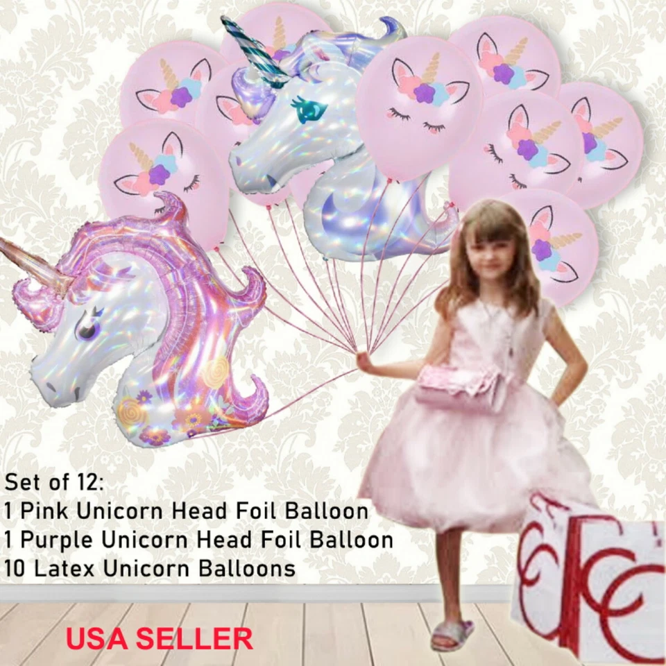 FIESTA UNICORNIO: LÁSER ROSA PÚRPURA LÁMINA + 10 GLOBOS DE LÁTEX SUMINISTROS DE CUMPLEAÑOS 12 piezas Foto 1 de 4