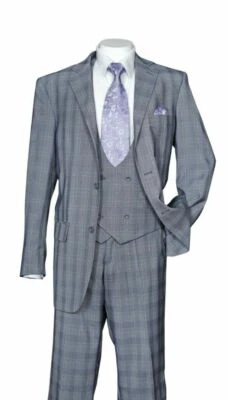 Men's Luxurious Wool Feel SUIT 3-PC w/ VEST Plaid/ChecksDesign SideVents 5702v6 - Image 1 of 4