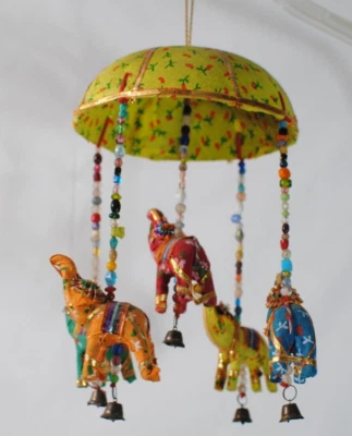 India Bohemio 5 Tela Elefantes Cuentas Amarillo Paraguas Móvil Colgante Foto 1 de 4