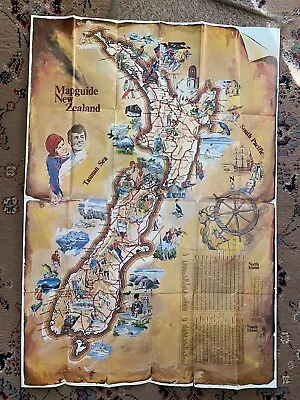 Vintage 1970s Colourful Illustrated Artistic Map Guide Poster Of New Zealand • 3.50£