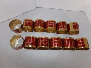 12 Brass Napkin Rings Holder Inlaid Enamel Red / Orange Geometric Design Vintage - Picture 1 of 15