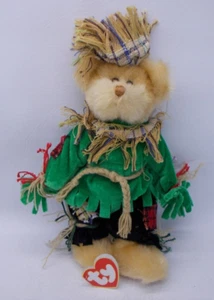 TY Scarecrow Alfalfa Beanie Baby Light Brown Bear Green Outfit - Picture 1 of 6