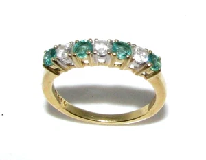 Mujer 18ct Oro Amarillo Diamante Y Esmeralda Media Eternidad Anillo Talla M 1/2 - Imagen 1 de 7