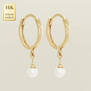 Pendientes colgantes de perlas Huggie Baby de oro macizo real de 14K lóbulo todos los días mínimos - Imagen 1 de 4