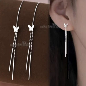 GENUINE 925 STERLING SILVER BUTTERFLY DROP CHAIN TASSEL DANGLE THREADER EARRINGS - Picture 1 of 7