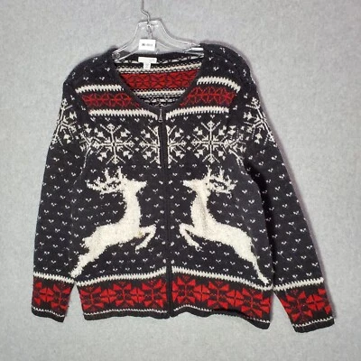 J. Jill Women Sweater M Petite Black Red Fair Isle Wool Blend Christmas READ - Image 1 of 4