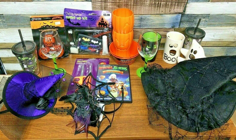 Halloween Family Bundle 6 Costumes Skeleton Vampire Hats Glasses Tableware DVD - Image 1 of 4