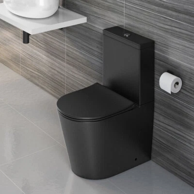 VODA BLACK Close Coupled Rimless Toilet Pan, Cistern & Slimline SC Seat