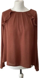 Fat Face Brown Mocha Star Print Ruffle Long Sleeve Button Back Top Size 12 - Picture 1 of 7