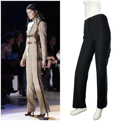 Alexander McQueen Fall 2002 Leather Tuxedo Stretch Wool Runway Pants 44 8-10 - Image 1 of 4