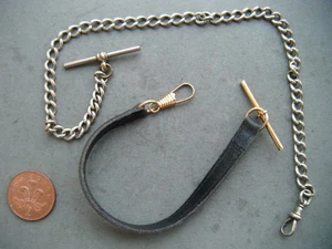 vintage chrome Albert pocket watch chain with T-bar & leather watch hanger - Picture 1 of 12