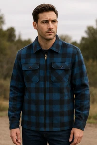 Mens Check Polar Fleece Zip Thru Long Sleeve Polar Fleece Shirt in Blue/Black - Picture 1 of 3