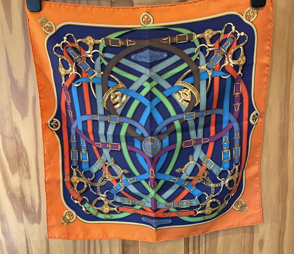 Hermes Scarf 40 Cavalcadour Orange / Navy Blue Bridles & Reins 100% Silk.  - Image 1 of 4