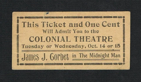 VERY RARE 1919 James J. Corbett Midnight Man vaudeville ticket boxing boxer Jim Cover
