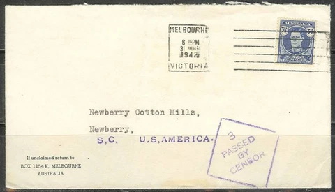 Australia 1942 3-1/2d George VI,  Melbourne (31 Aug) to SC, Censored Cover