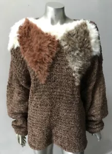 Rabbit Fur Curly Vintage 80s Hair Retro Knit Brown Loose Oversized Sweater Top S - Picture 1 of 6