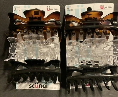 CLIPS DE MANDÍBULA Scunci 6 piezas = 2 paquetes clip de garra sostener el cabello #16267-A negro marrón transparente Foto 1 de 4