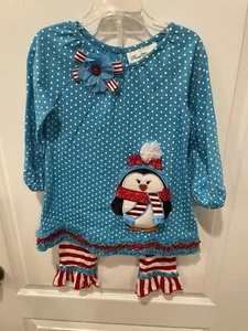 Rare Editions Size 4T Christmas Penguin 2 Piece Girls Outfit - Picture 1 of 5