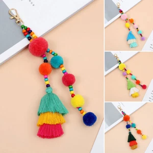 Boho Keychain Colourful Ball Tassel Keyring Bag Pendant Pompom Beaded Key Chain - Picture 1 of 17