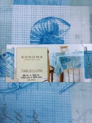 SONOMA Good for Life Summer Beach Cottage Oblong Tablecloth Seashell Ocean Blue - Image 1 of 4