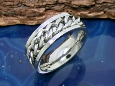 Anello Rotante Acciaio Inox con Catena Color Argento 8mm Larghezza Donna Uomo - Immagine 1 di 3
