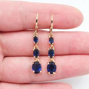 2CT Oval Cut Lab Created Blue Sapphire Women's Earring 14k Yellow Gold Plated - Picture 1 of 7