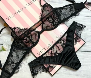 Victoria’s Secret LUXE Lingerie 2 Piece Lace Unlined Demi Bra Thong Set Black  - Picture 1 of 7