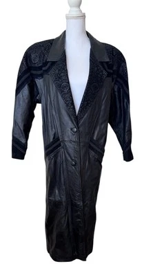 Winlit Womens VTG Leather Trench Coat Black Paisley Western Rodeo Goth Cowgirl S - Image 1 of 4