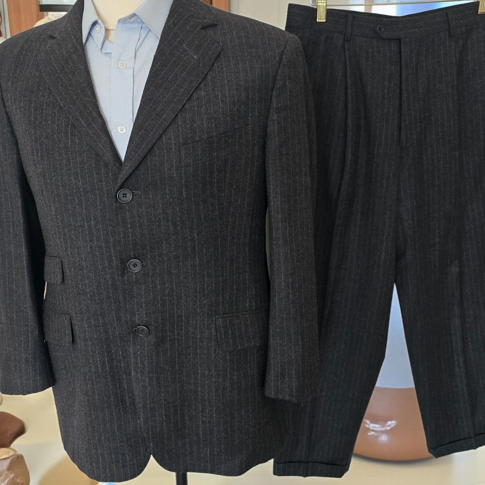 Vtg Giorgio Armani Flannel Suit 41S 34x29 Charcoal Pinstripe Ticket Pocket 40s - Image 1 of 4