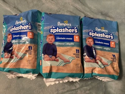 TRES PAQUETES Pañales de Natación Desechables Pampers Splashers - Paquetes de 11 (33)-Talla 4 Foto 1 de 2
