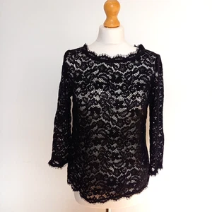 Blusa Top Promod M UK 12 Negra Encaje Manga 3/4 - Imagen 1 de 6
