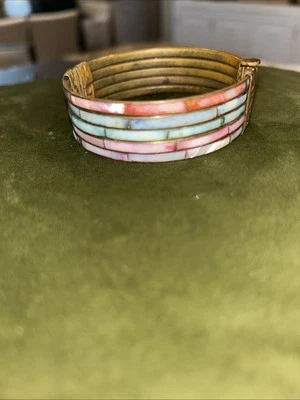 Vintage Bangle Brass Metal & Abalone Mother Of Pearl Hinged Pin hippie MCM fun - Image 1 of 4