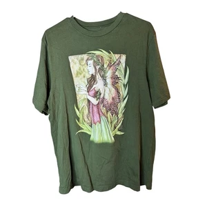 Amy Brown Fairy T Shirt Olive Green Graphic Print Unisex XL Cotton Whimsy - Picture 1 of 4