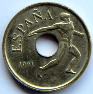 JUAN CARLOS I 25 PESETAS 1991 DISCO KM-850 (CARTUCHO/MINT ROLL) - Picture 1 of 2