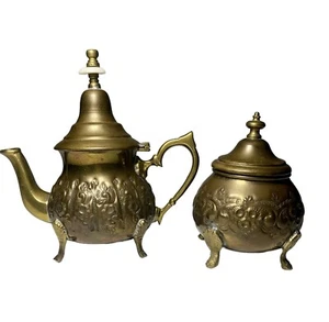 Vintage Brass Moroccan Teapot And Sugar Bowl Antique Middle East Arabic - Picture 1 of 9