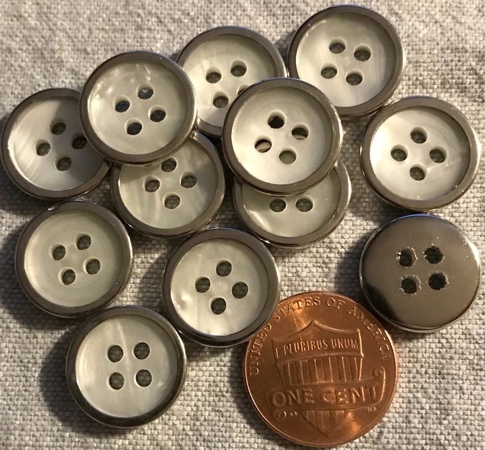 12 Silver Tone Plastic Faux MOP Sew-through Buttons Almost 5/8" 15MM Lot # 3594 - Image 1 of 1
