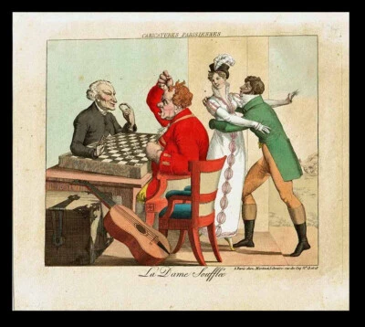 Gravure  : LA DAME SOUFFLEE / jeu ancien - Photo 1/2