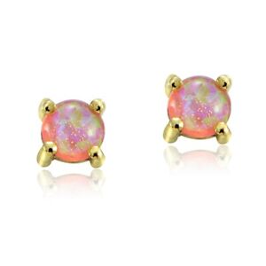 Gold Tone over 925 Silver Lab Created Fiery Pink Opal 4mm Round Stud Earrings