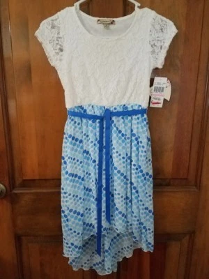 NUEVO VESTIDO SIN PALABRAS PARA NIÑAS TOP DE ENCAJE CON ESPALDA MÁS LARGA PUNTOS AZULES TALLA 10  Foto 1 de 3