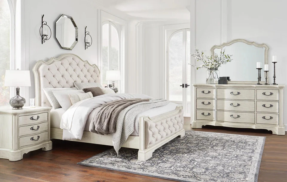 NUEVO 4 PIEZAS Juego de Dormitorio Tapizado Queen King Antiguo Blanco Moderno Cama Rústica/D/M/N Foto 1 de 4