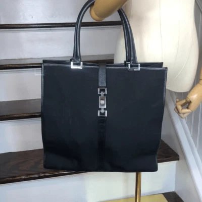 Bolso de Mano GUCCI Jackie Cuero Negro Asas Superiores Acento y Base, Nylon De Colección Foto 1 de 4