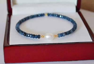 Hermoso Brazalete Brazalete Oro Amarillo 14K Zafiro Azul Facetado Natural Foto 1 de 4