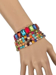 1.5" Wide Set 5 Rolls Evening Party Bracelet Multicolor Acrylic Crystals - Picture 1 of 4