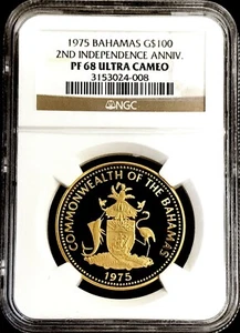 1975 GOLD BAHAMAS $100 AMAZON PARROT COIN NGC PROOF 68 ULTRA CAMEO - Picture 1 of 3