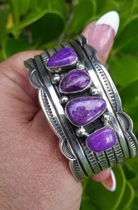 Brazalete Brazalete Navajo Firmado Sugilita y Plata Esterlina T.Jon - Imagen 1 de 12