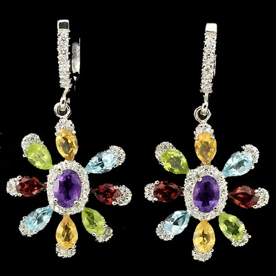 GORGEOUS NATURAL GEM AMETHYST,GARNET,PERIDOT,CITRINE,TOPAZ,CZ 925 SILVER EARRING - Image 1 of 3
